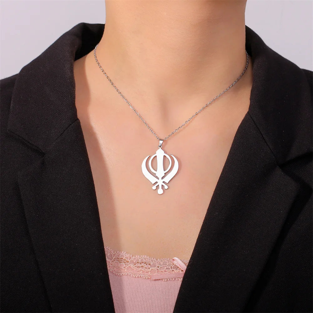 EUEAVAN Classic Sikhism Symbol Necklace for Women Men Stainless Steel Sikh Khanda Necklaces Religious Protection Amulet Jewelry