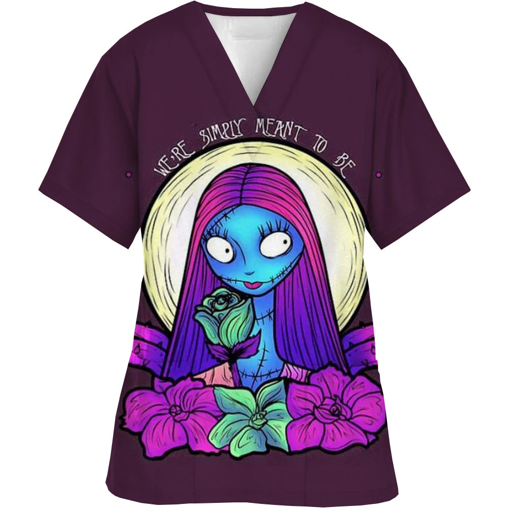 Christmas Nightmare V-neck Work Clothes Halloween Surgery plus size Nurse Medical Clothes Matte Top Women