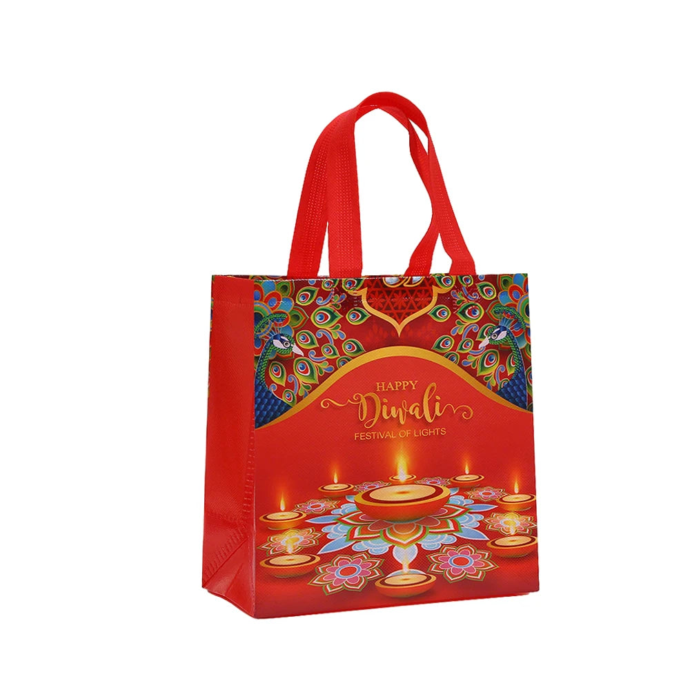 12Pcs Happy Diwali Theme Non-Woven Gift Packing Bag Candle Shopping Tote Bag for India Diwali Festival Party Favors Bag Decor