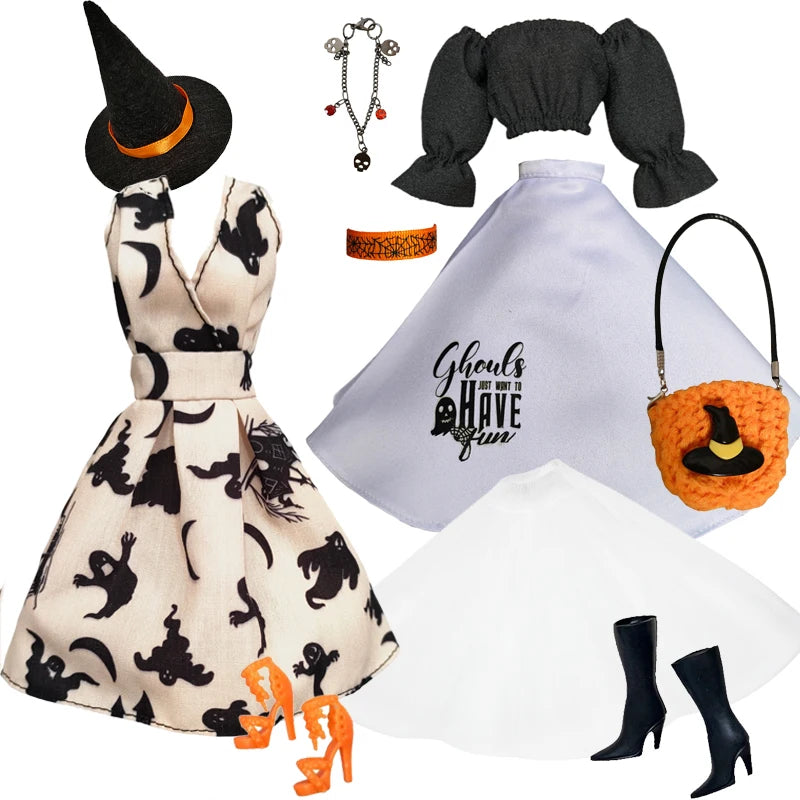 1/6 Doll Cosplay Clothes Halloween dress Witch Cap Belts Bag Broom Outfits for 12inch BJD Doll 30cm Doll Barbi Xinyi FR Doll