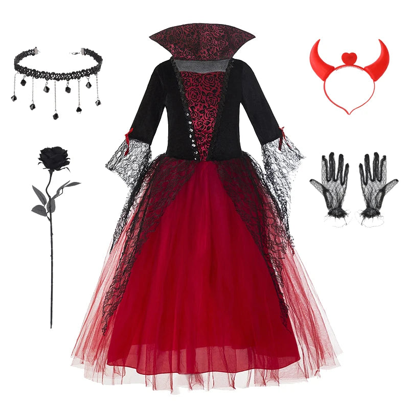 Vampire Halloween Dress for Kid Ghost Bride Gothic Witch Cosplay Costume Carnival Party Black and Red Clothes Dresses for Girls