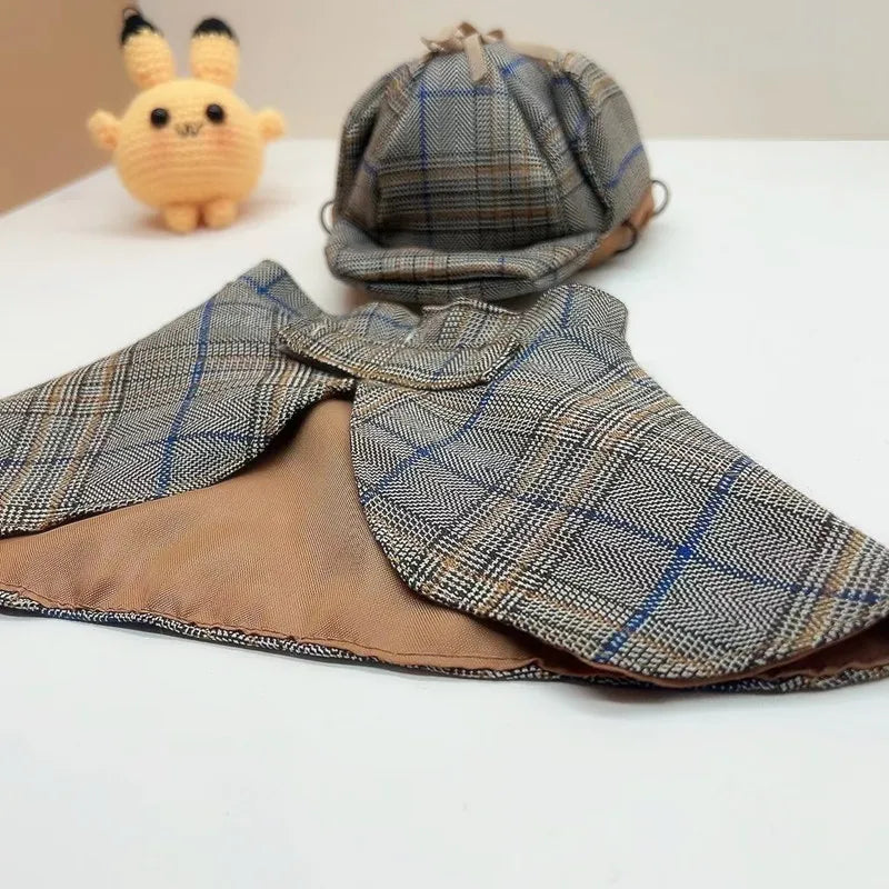 Pet Detective Transformation Cloak Hat Set Cat Dog Checkered Halloween Dress Up Funny Cloak Coat Puppy Clothes for Small Dogs