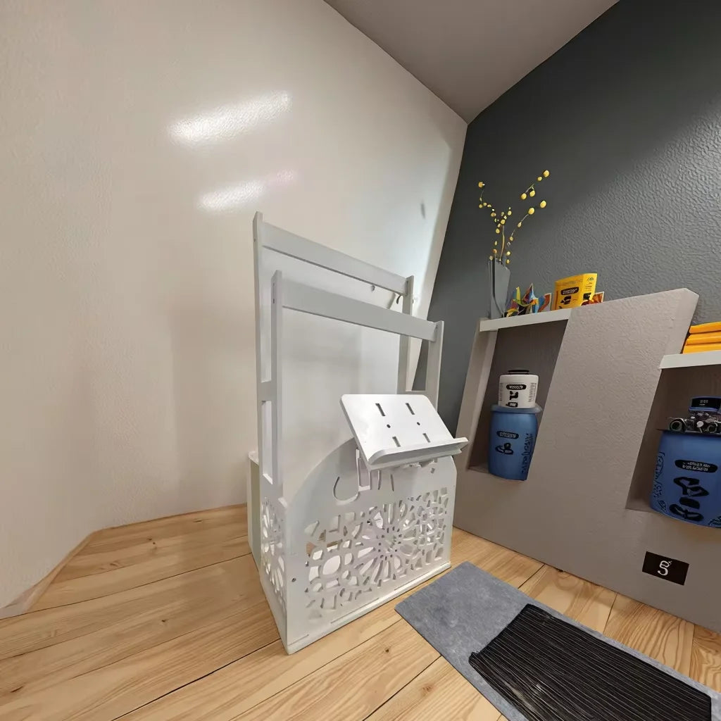 Decorative Wooden Prayer Rack via Shelf with Standing Prayer Mat Installation