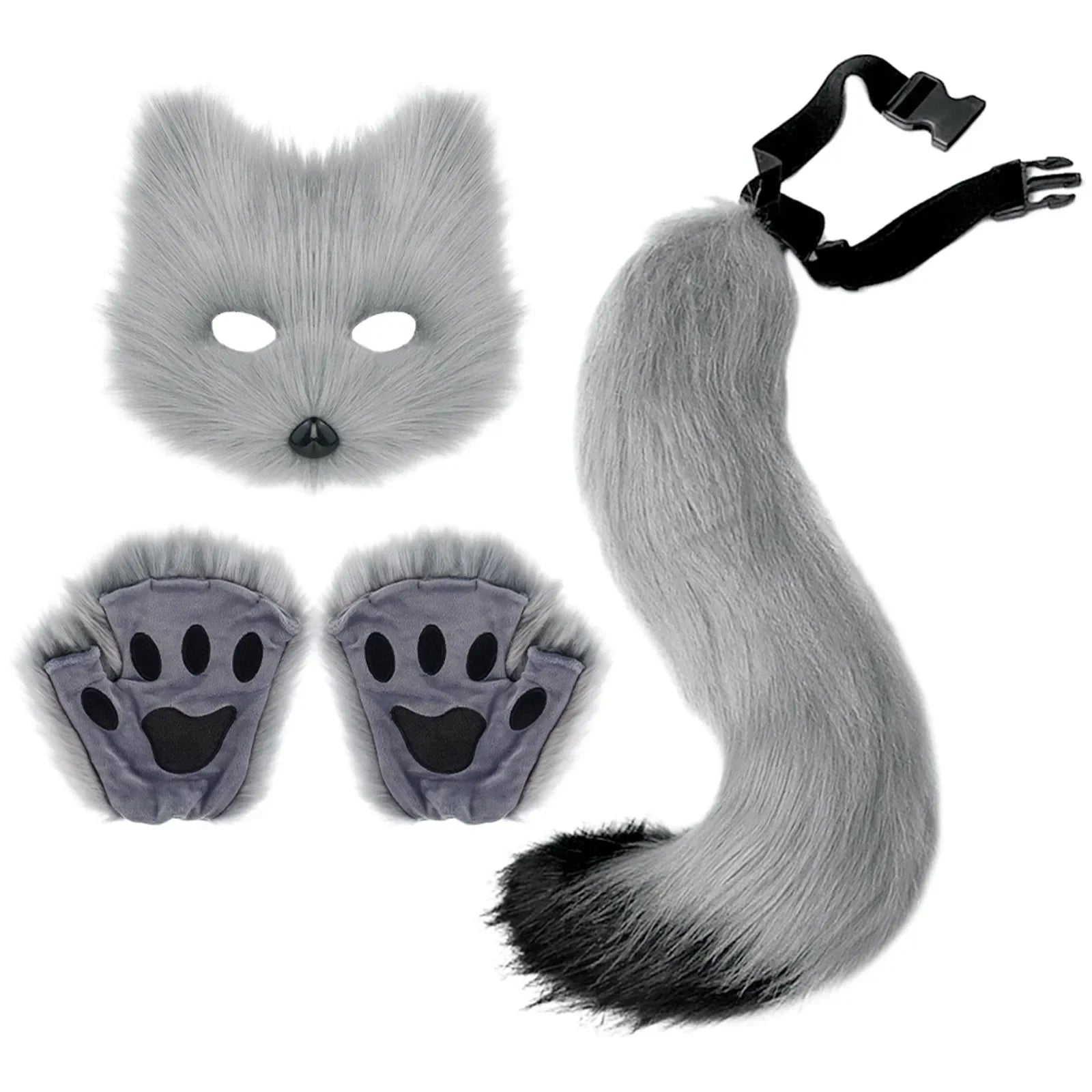 3pcs Halloween Dress Up Animal Tail Fox Mask Paw Gloves Set  Animation Exhibition Cosplay Outdoor Party Costumes Accessories