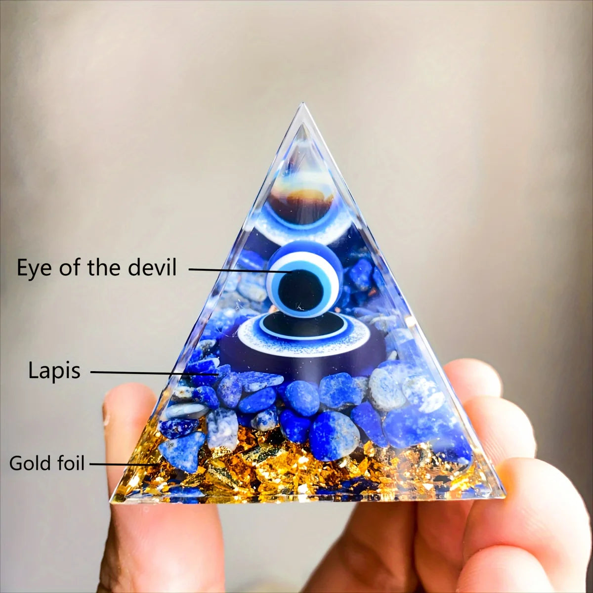 Evil Eye Pyramid Figurine With Lapis Lazuli Chips Pyramid of Orgen, 5cm Lazuli Devil's Eye Pyramid, The Orgen Pyramid series