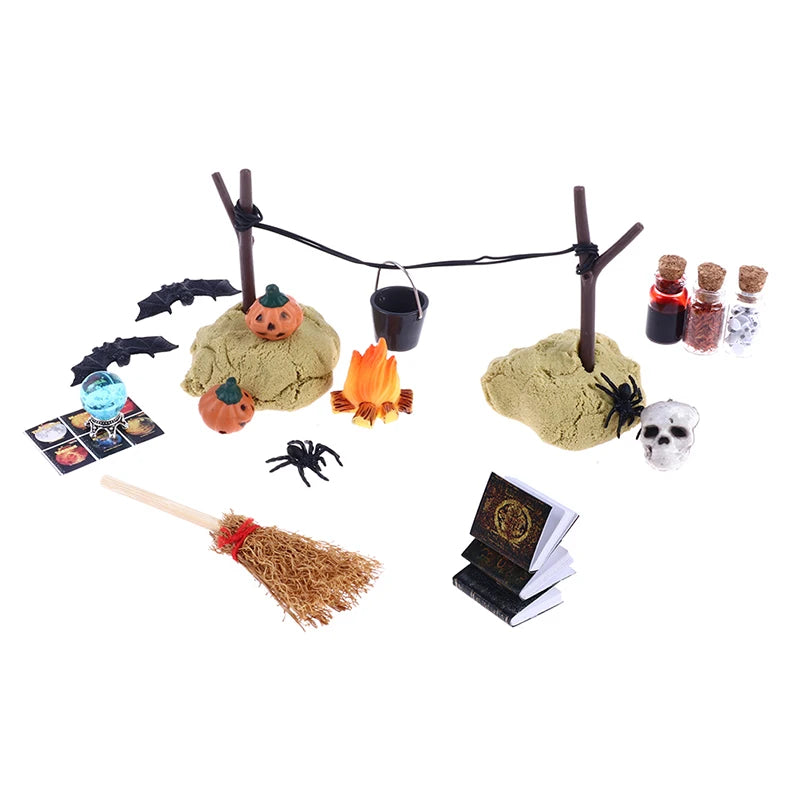 1Set 1:12 Dollhouse Halloween Horror Decor Toy Bat Skull Broom Spider Ornament Outdoor Decoration