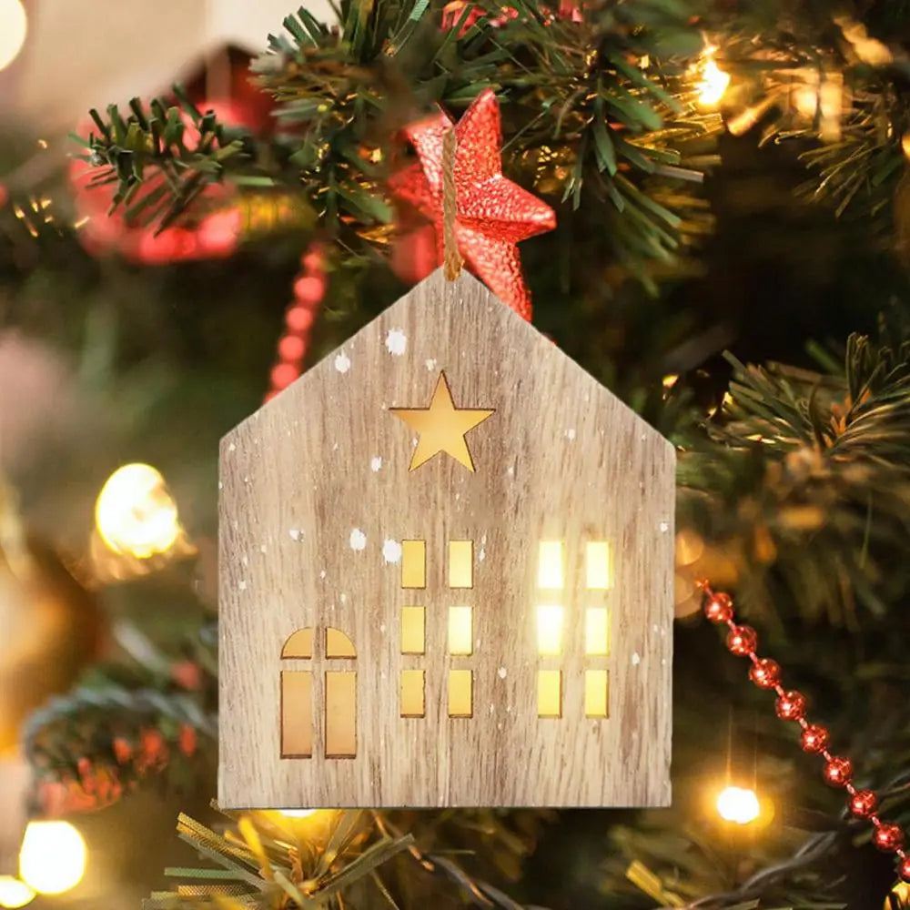 Christmas Wooden House Decor Creative House Shape Light Up Hanging Ornament Christmas Party Supplies Indoor Home Decoration