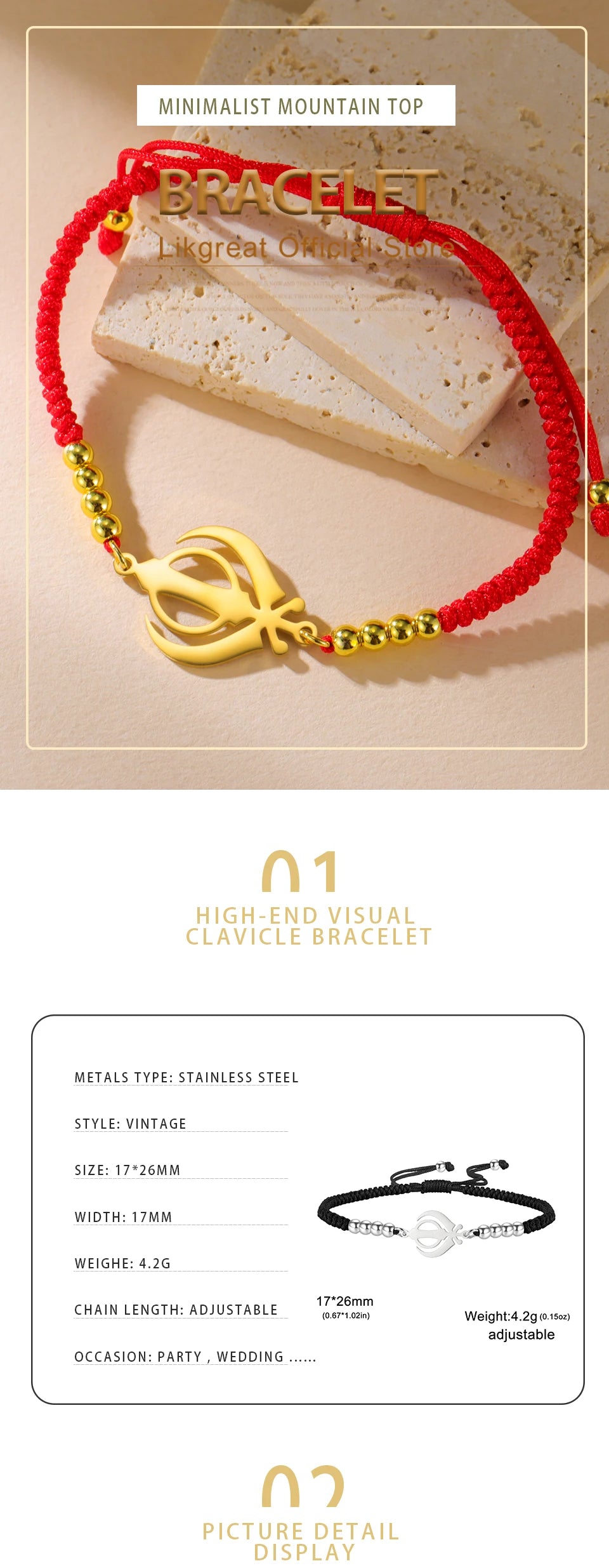 LIKGREAT Sikhism Adjustable Rope Bracelets for Women Men Stainless Steel Sikh Khanda Indian Pakistan Punjab Religious Jewelry