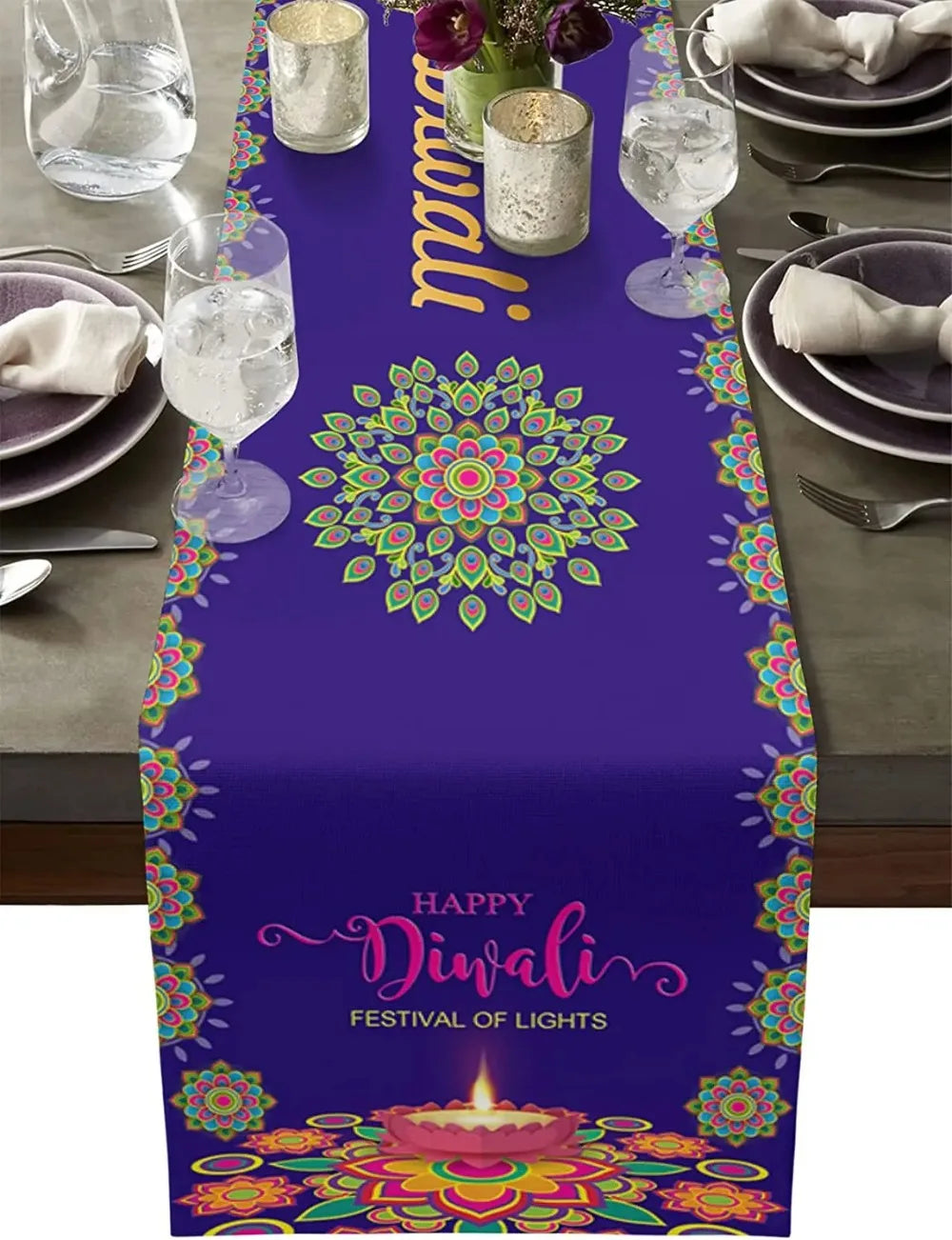 Happy Diwali Table Runners Candlestick Decoration Indian Diwali Home Kitchen Table Decorations and Household Supplies