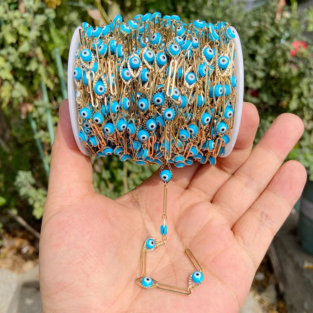 Colorful Evil Eye Beads Chains Stainless Steel Link Pearl Beaded Chains Turkey Eye Link Chain for Necklace Making Jewelry DIY