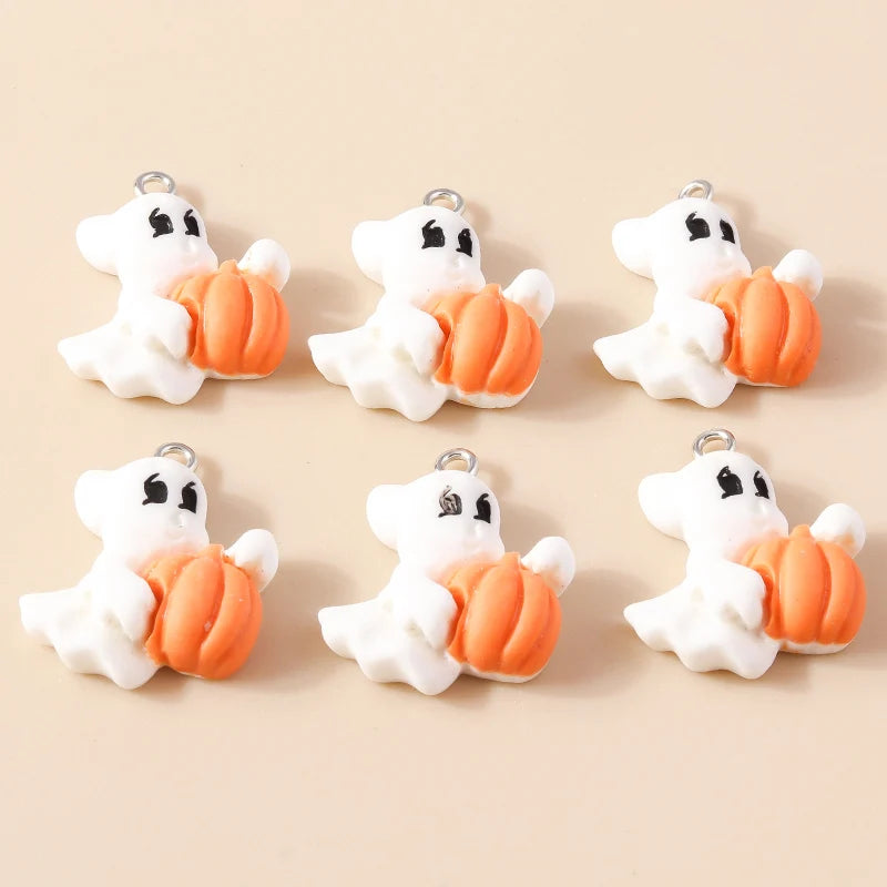 Leslie 10Pcs New Resin Halloween Charms Kawaii Cat Spider Castle Ghost Pumpkin Charms Pendants Decor DIY Earring Jewelry Making