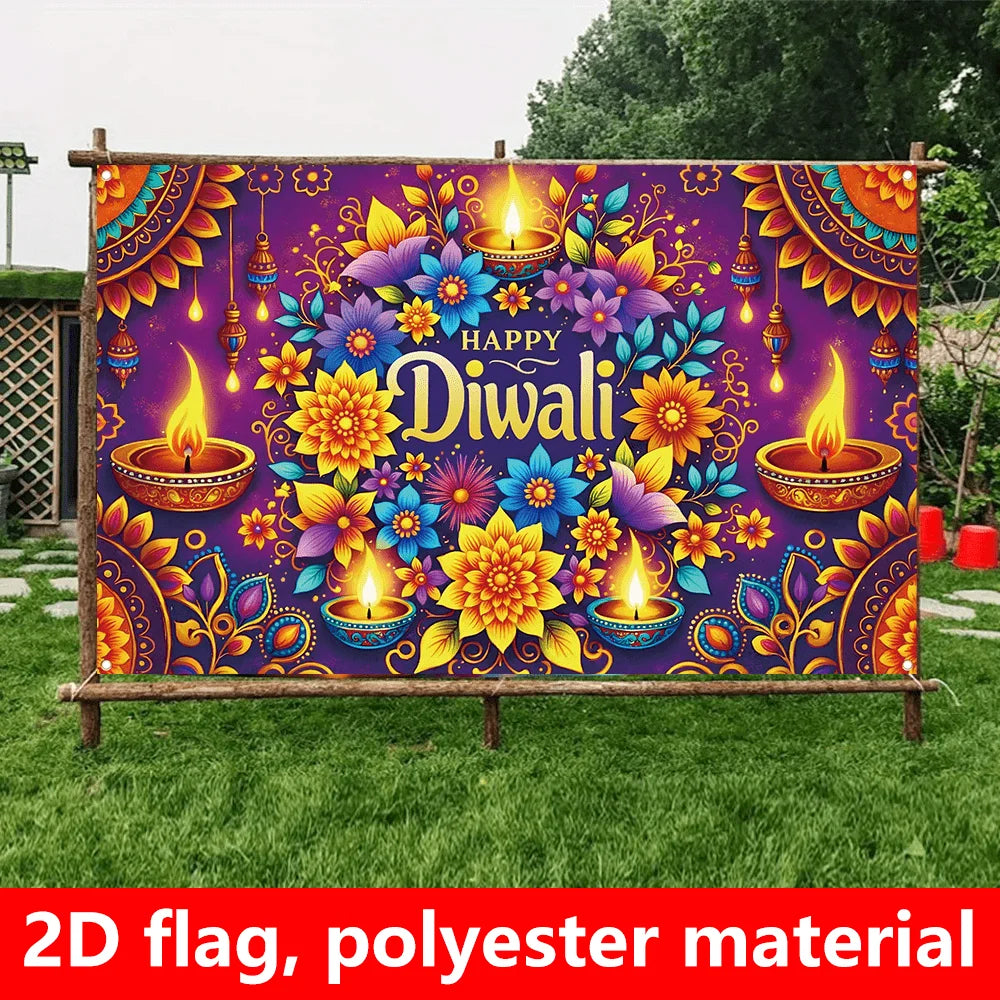 1 extra large Diwali decoration flag, dark purple background Indian festival party banner, floral pattern
