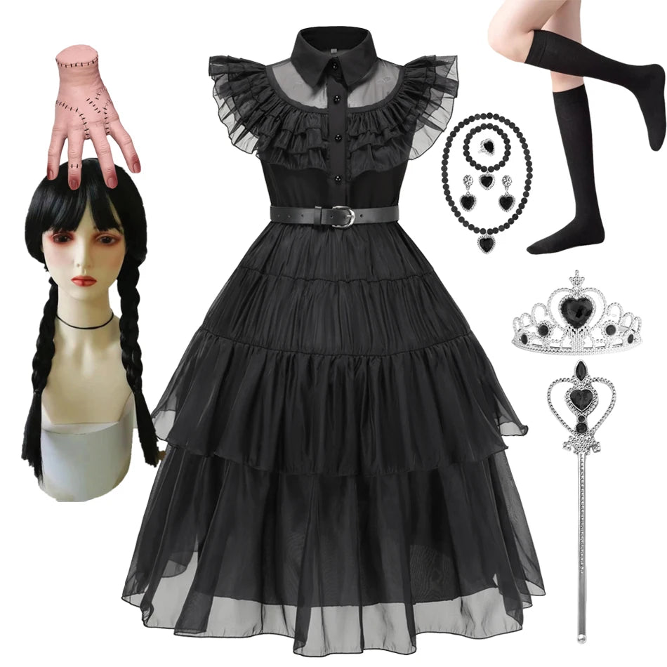 Girls Wednesdays Dress Movie Adams Halloween Cosplay Costume Family Kids Gothic Fantasia Vestidos Party Outfits Dress