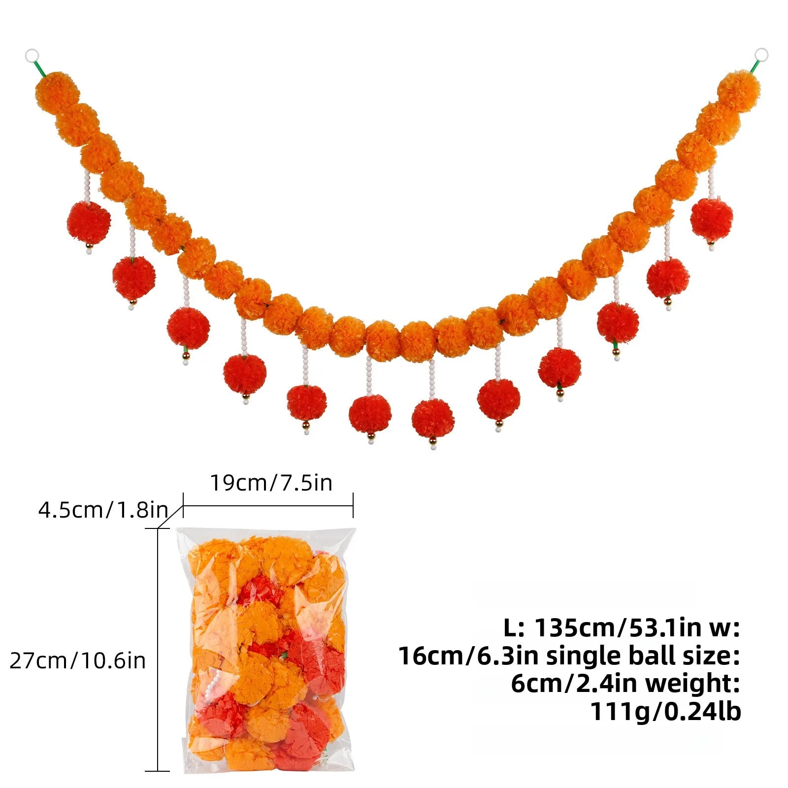 Plastic Marigold Flower Garland Artificial Festival Wreath for Diwali Celebration Day of The Dead Christmas Party Supplies