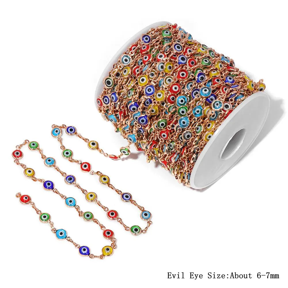 Colorful Evil Eye Beads Chains Stainless Steel Link Pearl Beaded Chains Turkey Eye Link Chain for Necklace Making Jewelry DIY