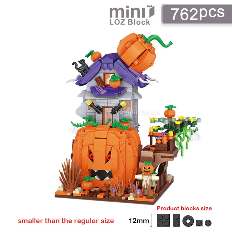 Halloween Toys Building Blocks Assembly Pumpkin House Ghost House Witch Science Monster Friend Party Decor Model Kids Gifts