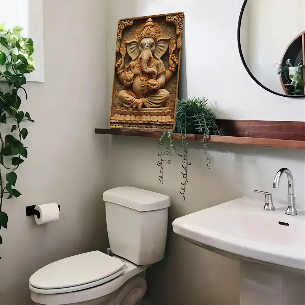 1Pc Ganesha Aluminum Wall Art, 8x12 Inch Moisture Resistant 2D Embossed Hindu Deity Plaque, High Durability Metal