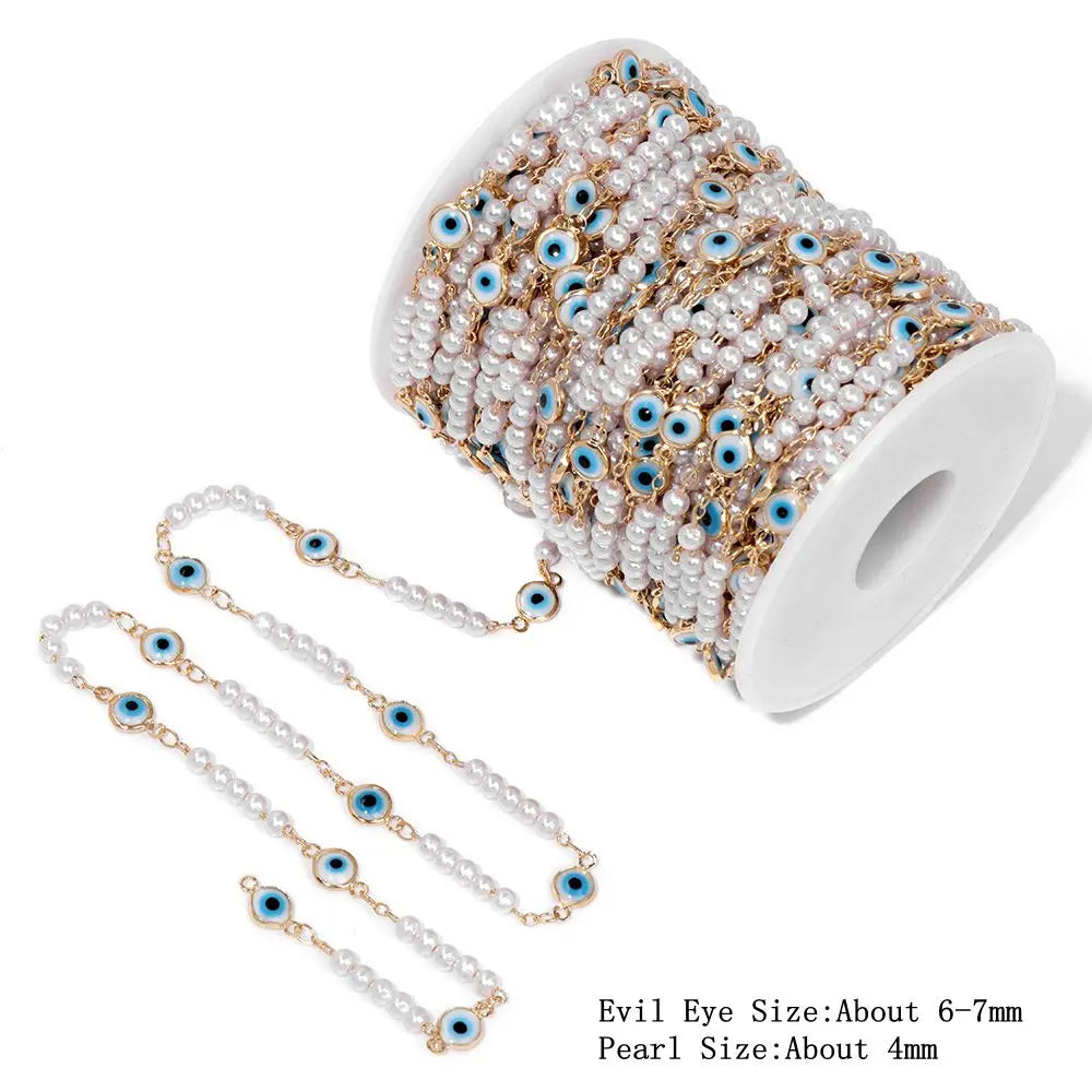 Colorful Evil Eye Beads Chains Stainless Steel Link Pearl Beaded Chains Turkey Eye Link Chain for Necklace Making Jewelry DIY
