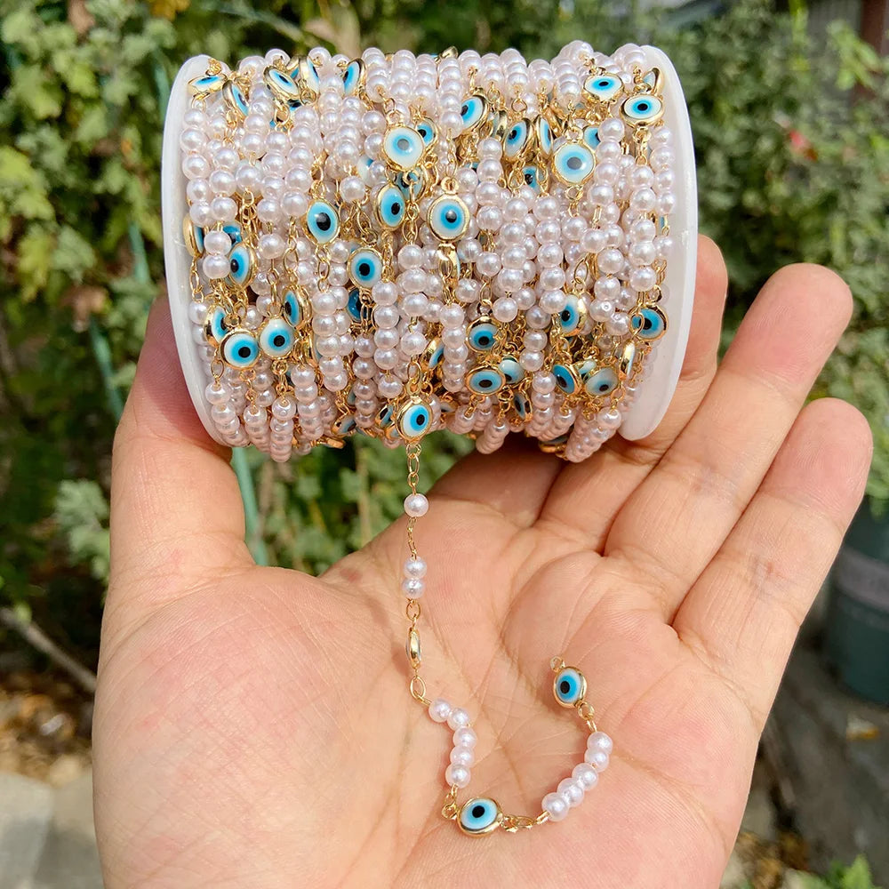 Colorful Evil Eye Beads Chains Stainless Steel Link Pearl Beaded Chains Turkey Eye Link Chain for Necklace Making Jewelry DIY