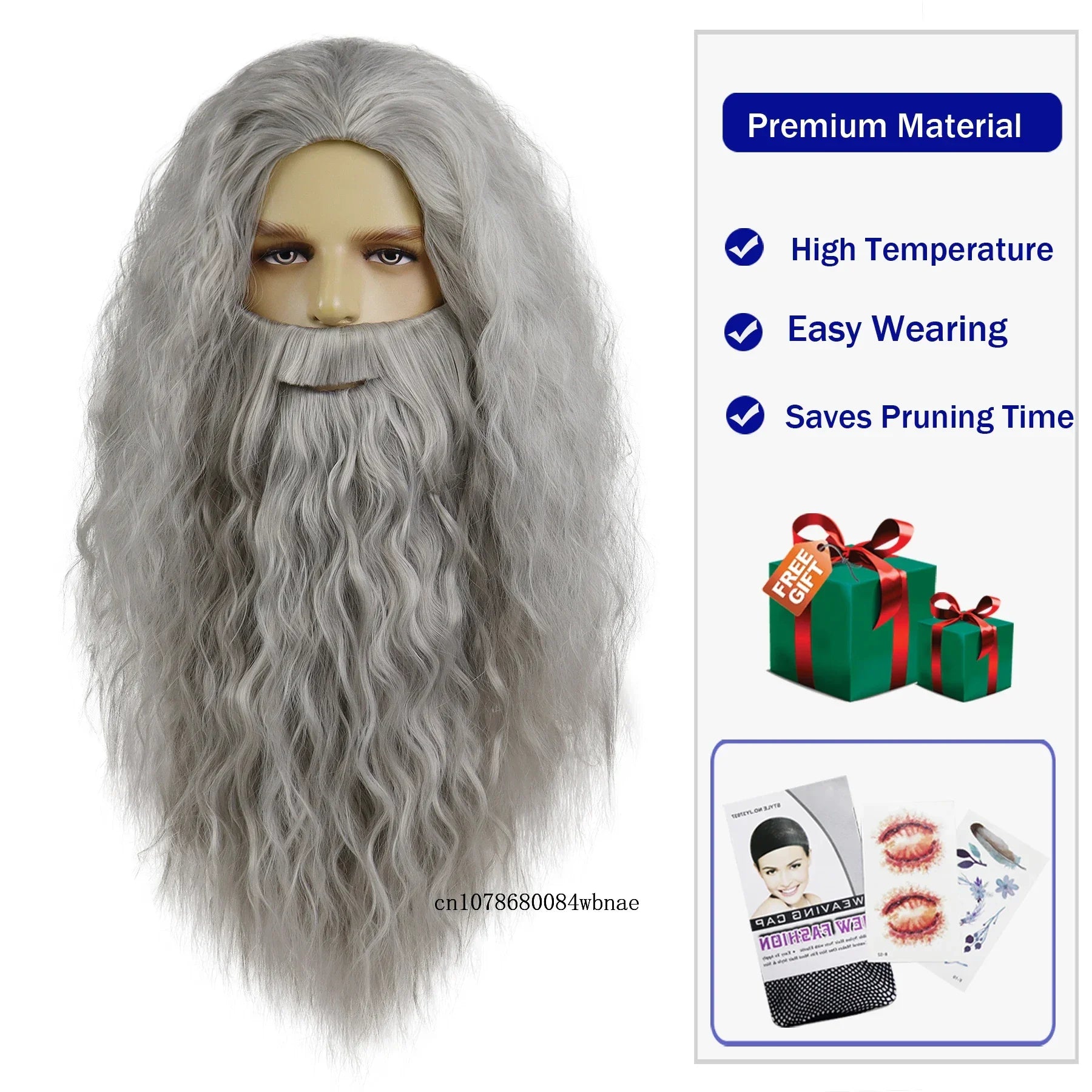 Dumbledore Wigs Synthetic Hair Long Curly Wavy Wizard Grey Wig and Beard for Men Cosplay Accessory Party Halloween Dress Costume