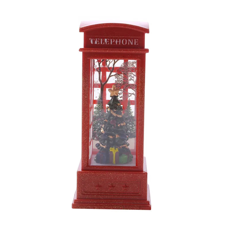Christmas Decoration Desktop Ornament Luminous Telephone Booth With Snow Globes Spinning Water Swirling Glitter For Home Holiday
