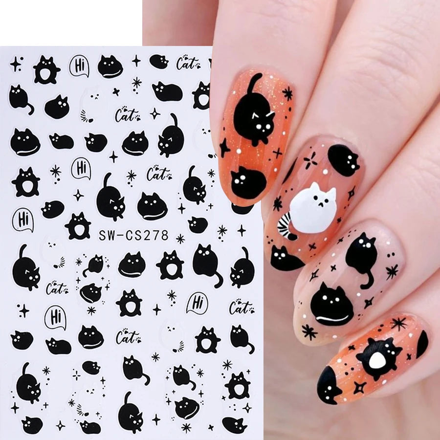 5pcs Halloween Nail Stickers Cartoon Cat Ghost Skull Hand Devil's Eye Snake Design Nail Decals Sliders DIY Manicure Decoration