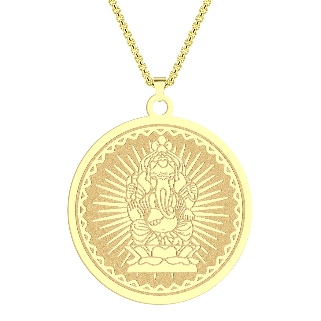 Chandler Stainless Steel Ganesha Coin Necklace For Man Lord Medallion Gold Plated Pendant Hindu Him