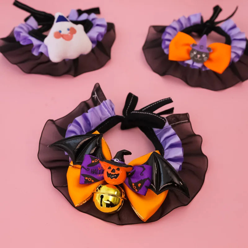 New Dog Necklace Halloween Pet Collar Cat Dog Drool Towel Lace Pumpkin Bat Wings Bow Cat Necklace Photo Prop