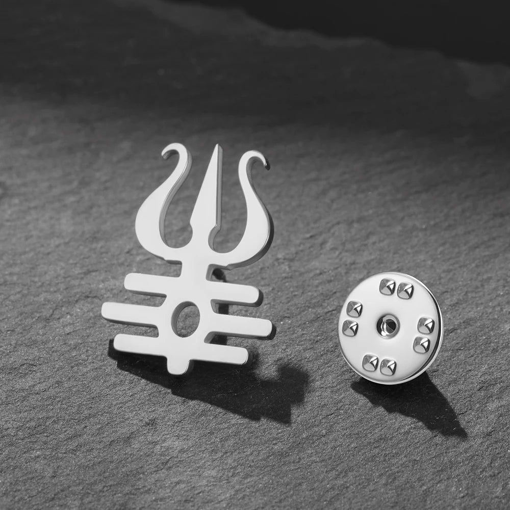 Dawapara Lord Shiva Trident Brooch Mantra Buddhism Hindu God Blessing Symbol Lapel Pins Stainless Steel Jewelry