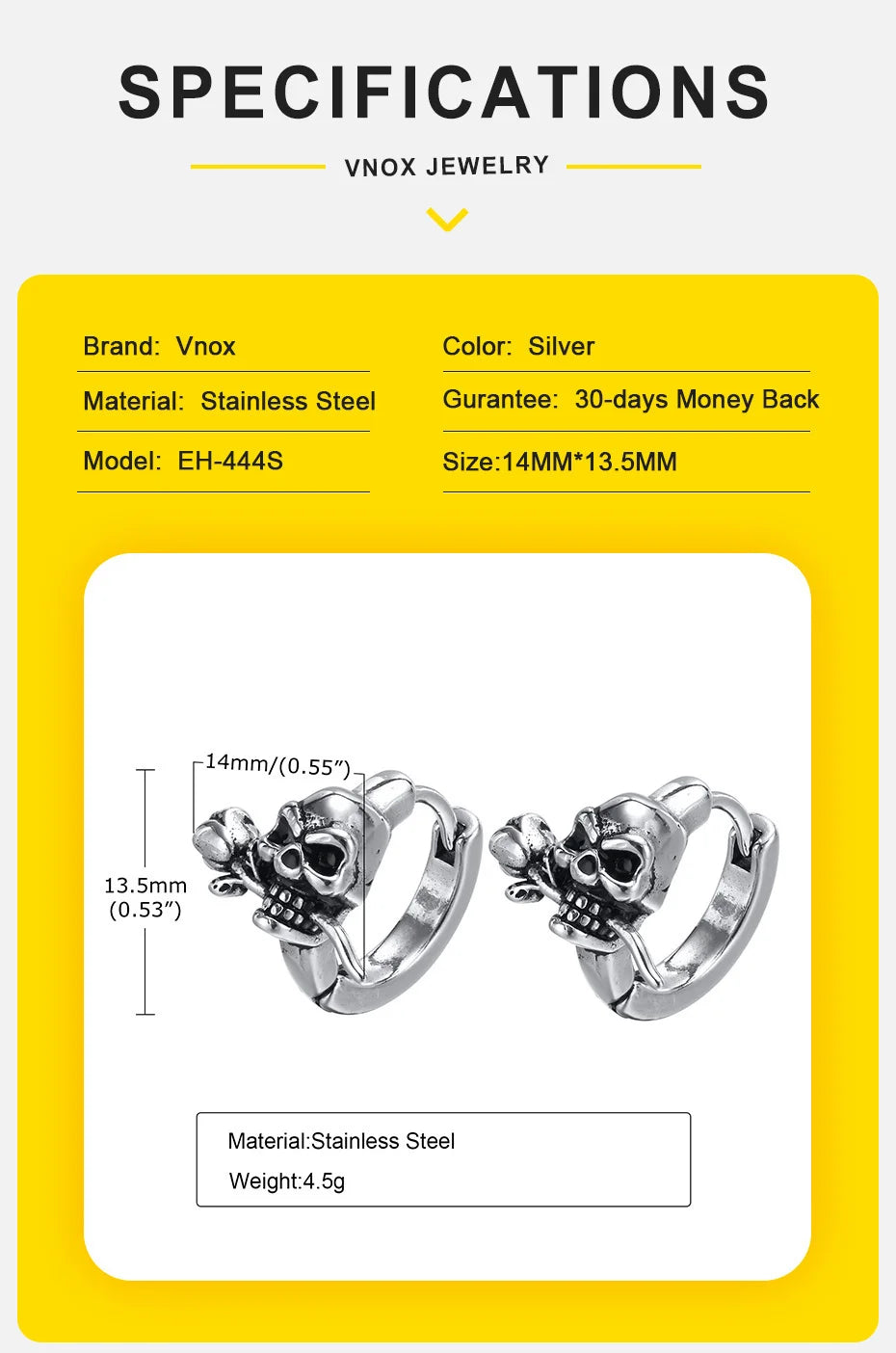 Vnox Gothic Skull Skeleton Huggie Hoop Earrings for Men Boys, Rock Punk Stainless Steel Cocktail Party Halloween Gift Jewelry