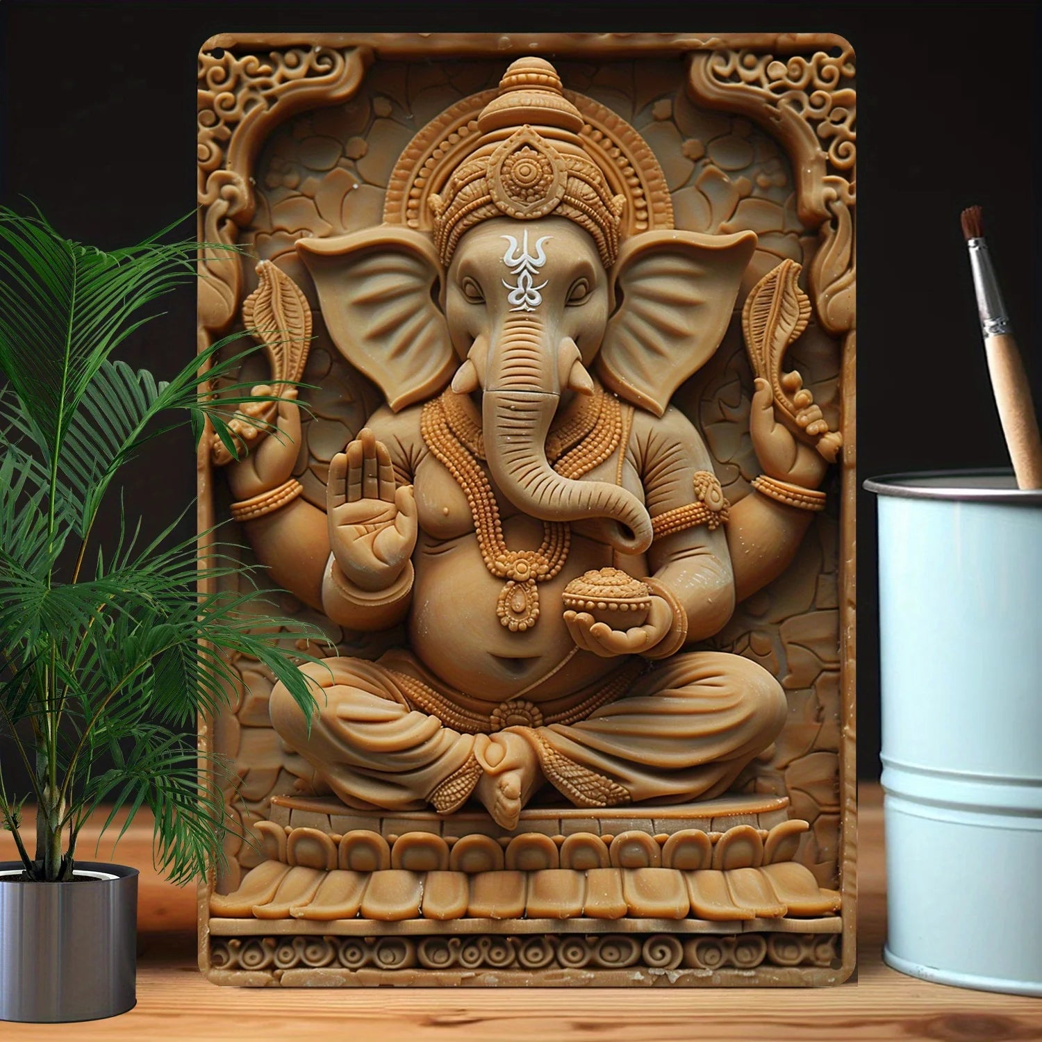 1Pc Ganesha Aluminum Wall Art, 8x12 Inch Moisture Resistant 2D Embossed Hindu Deity Plaque, High Durability Metal