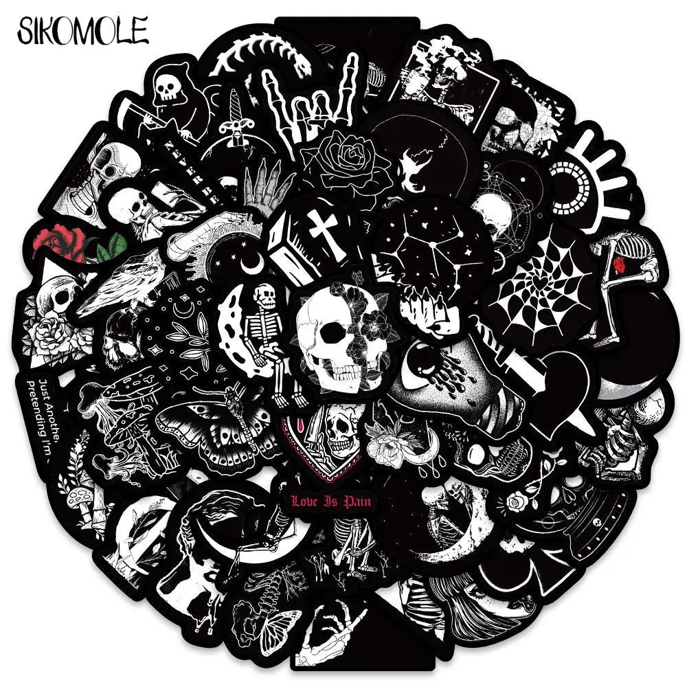 10/30/50PCS Cartoon Black and White Terrifying Skull Halloween Stickers DIY Skateboard Laptop Luggage Bike Cars Sticker Decals