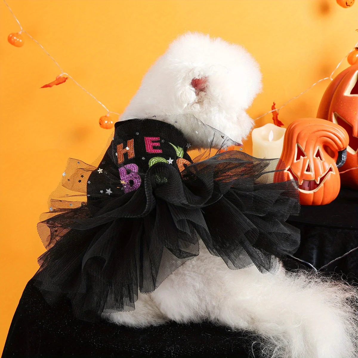 Hey Boo Halloween Dress Pet Clothes Dog Cat Black Mesh Dress Handsome Funny Color Hey Boo Open Button Wedding Dress