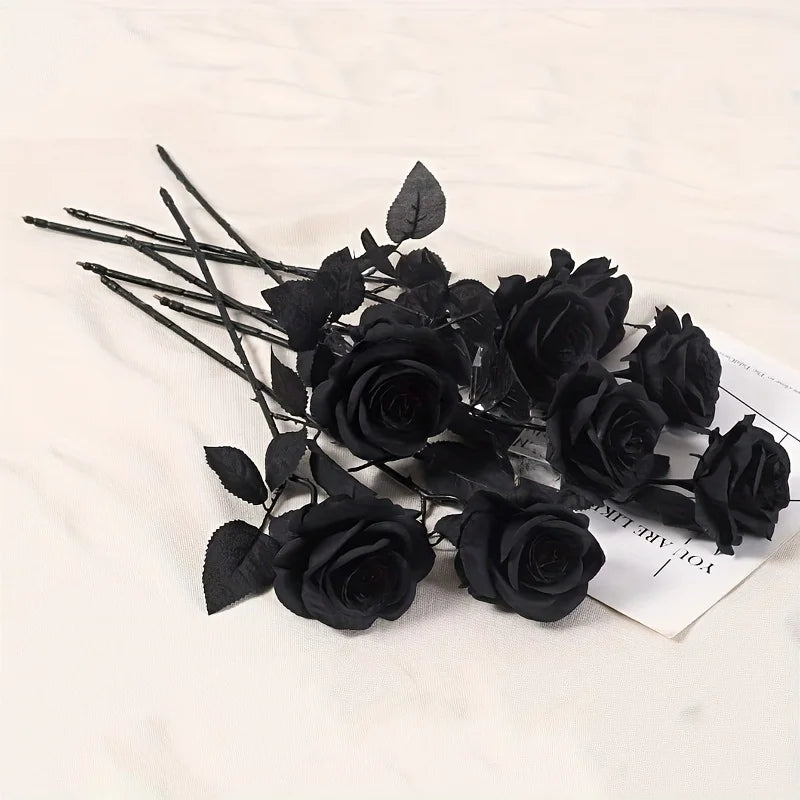 Artificial Black Roses Fake Flowers, Long Stem, with No Container, for Halloween, Home Decor, Wedding Party, Tabletop