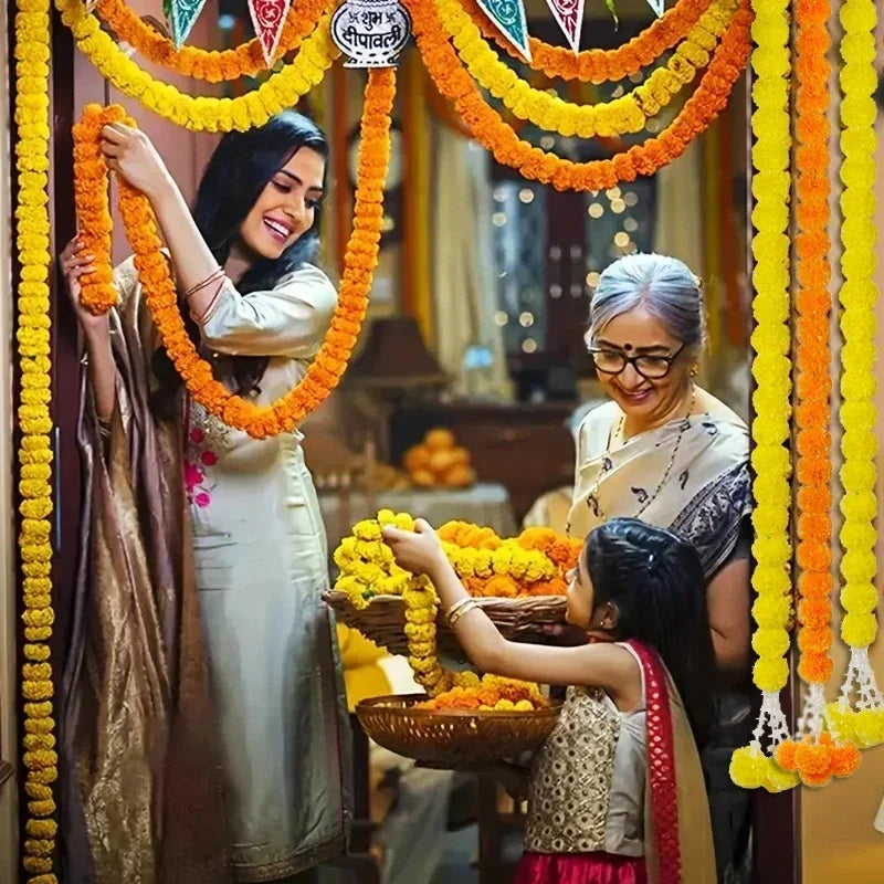 Plastic Marigold Flower Garland Artificial Festival Wreath for Diwali Celebration Day of The Dead Christmas Party Supplies