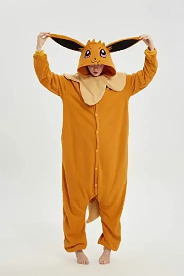 Brown Eevee Adult Onesies Kigurumi Cartoon Animal Fleece Unisex Pyjama Halloween Christmas Cosplay Holiday Party Clothes