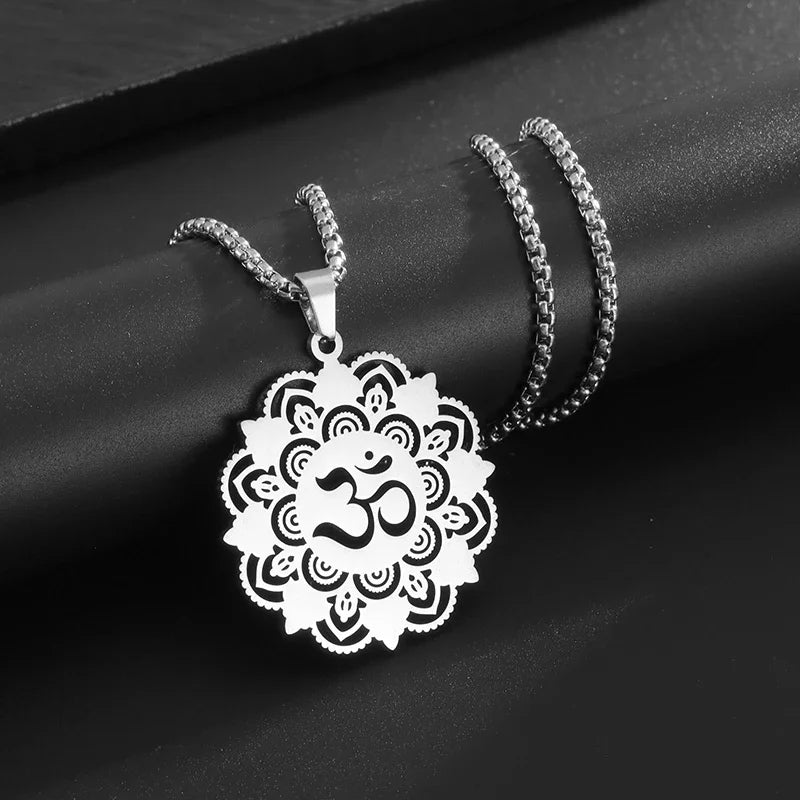 Stainless Steel Indian Religious Mandala Lotus Symbol Necklace Men Women Yoga Om Casual Jewelry