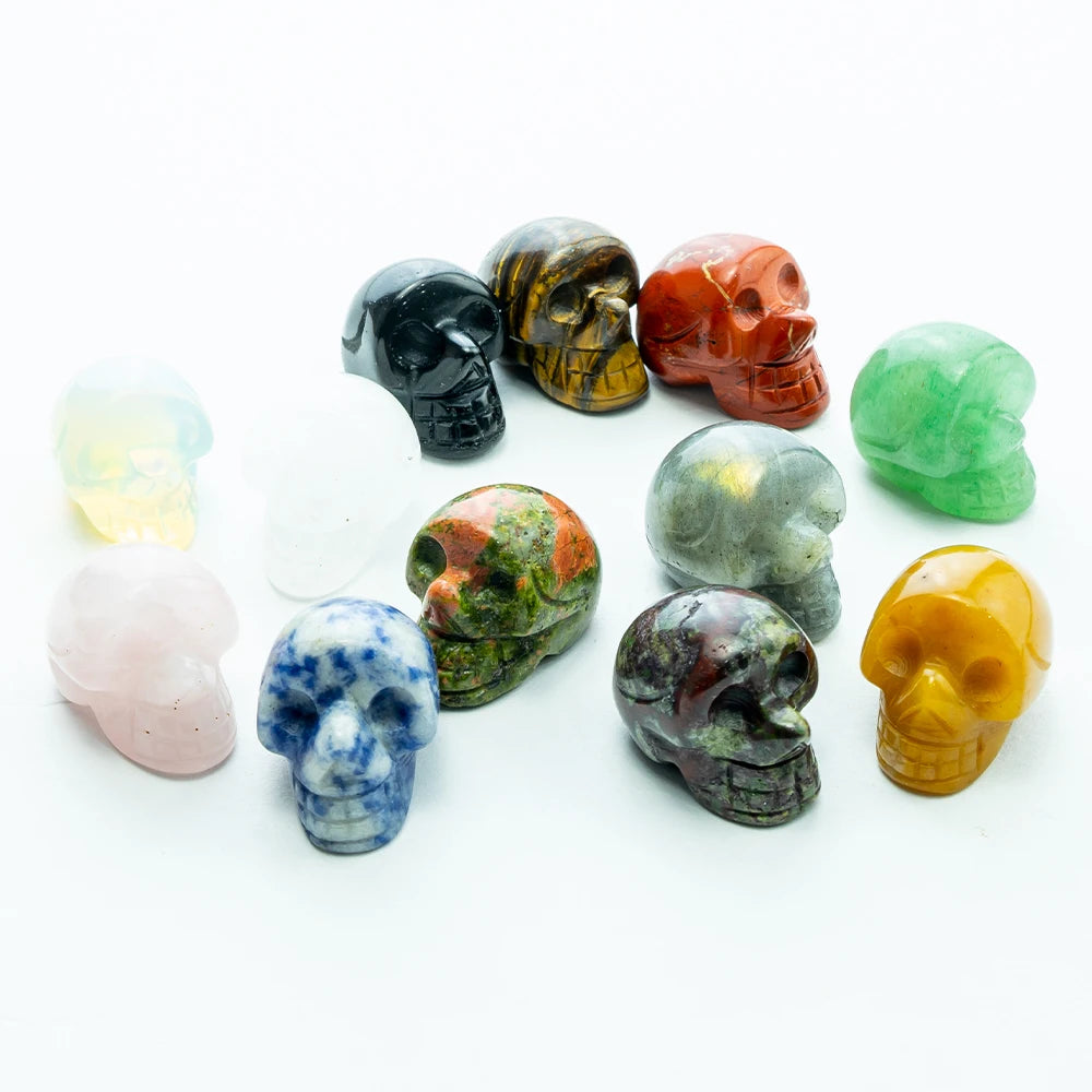 Natural Crystals Skulls Mineral Ghost Head Polished Carved Halloween Gift Desktop Home Decor Stone Crafts Skull Statues 14colors