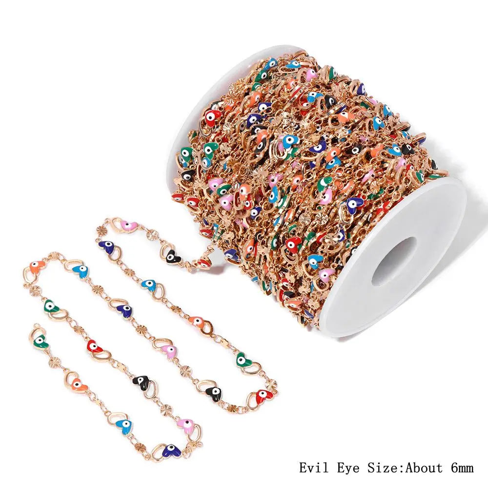 Colorful Evil Eye Beads Chains Stainless Steel Link Pearl Beaded Chains Turkey Eye Link Chain for Necklace Making Jewelry DIY