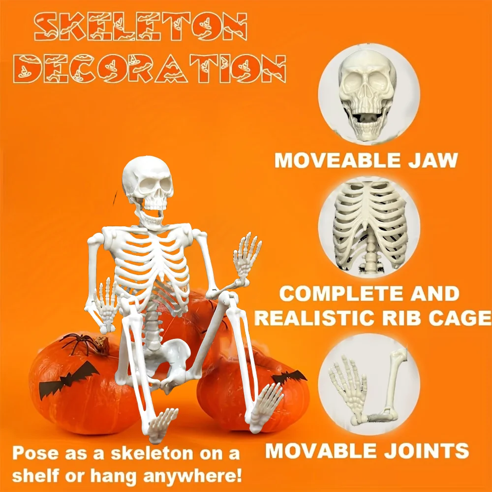 2 pcs Halloween Skeleton Decoration Plastic Vivid Design Joint movement effect 46cm Home Ornament Bone Decor Movable Joints