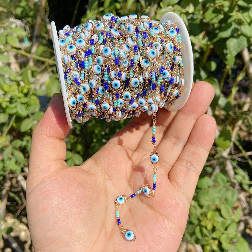 Colorful Evil Eye Beads Chains Stainless Steel Link Pearl Beaded Chains Turkey Eye Link Chain for Necklace Making Jewelry DIY