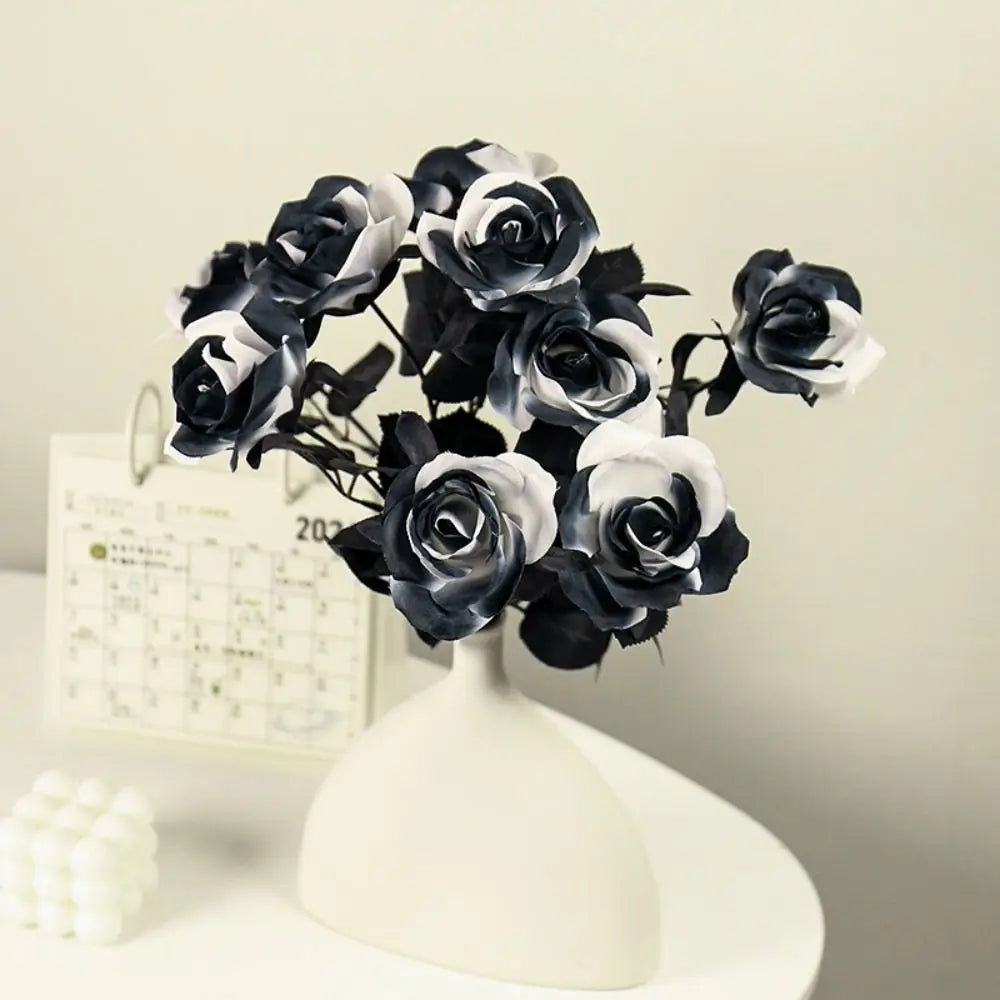 Black White Halloween Artificial Rose Flowers Soft Silk Real Touch Faux Flowers Non-Fading Gothic Simulation Flowers
