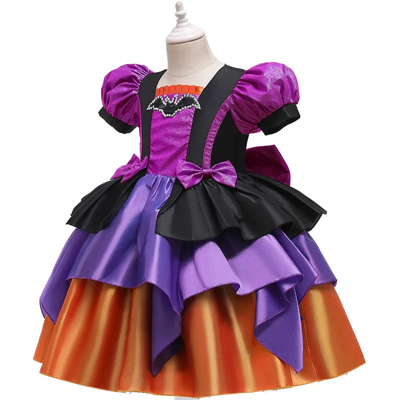 Children Girls Purple Puff Sleeve Sequins Big Bow Princess Dress For Kids Birthday Halloween Dress Up Carnival Party Gown