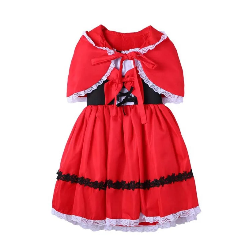 Girls Little Red Riding Hood Cosplay Children's Costume Princess Halloween Dress Headband + Pumpkin Bag Set Dresses for Girls