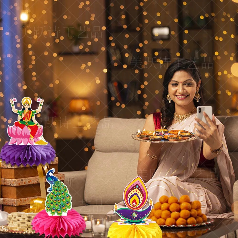 Happy Diwali Party Honeycomb Table Decoration Diwali Elephant Peacock Ornaments Happy Festival of Lights Party Decor