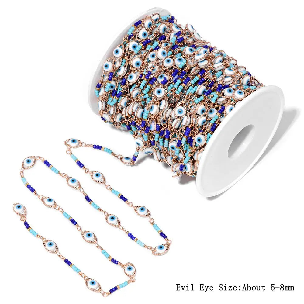 Colorful Evil Eye Beads Chains Stainless Steel Link Pearl Beaded Chains Turkey Eye Link Chain for Necklace Making Jewelry DIY