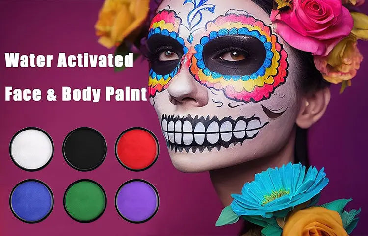 30g Water-Activated Body Makeup Face Paint Set 3-Piece with Brushes Mixing Palette for Halloween Christmas Costume Party Cosplay