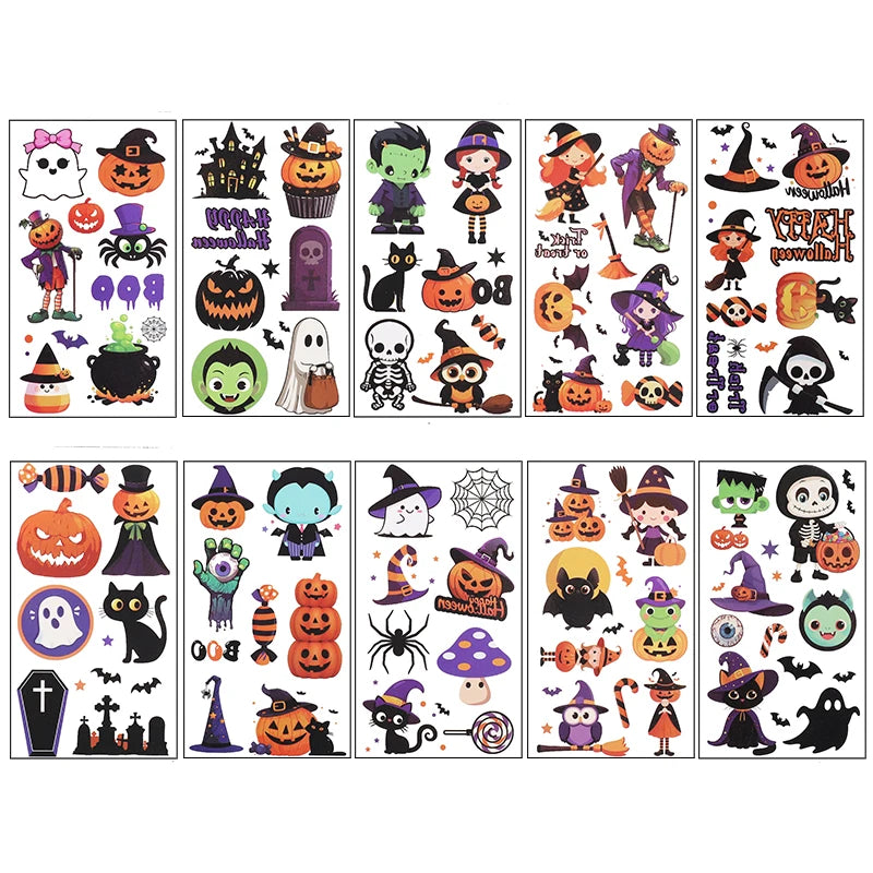 10Pcs Halloween Cartoon Tattoo Stickers Pumpkin Ghost Bat Spider Temporary Sticker Kids Birthday Party Favors Boy Girl Gifts