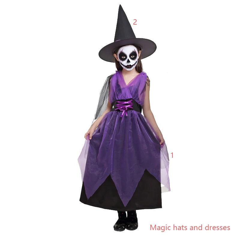 Vampire Halloween Dress for Kid Ghost Bride Gothic Witch Cosplay Costume Carnival Party Black and Red Clothes Dresses for Girls