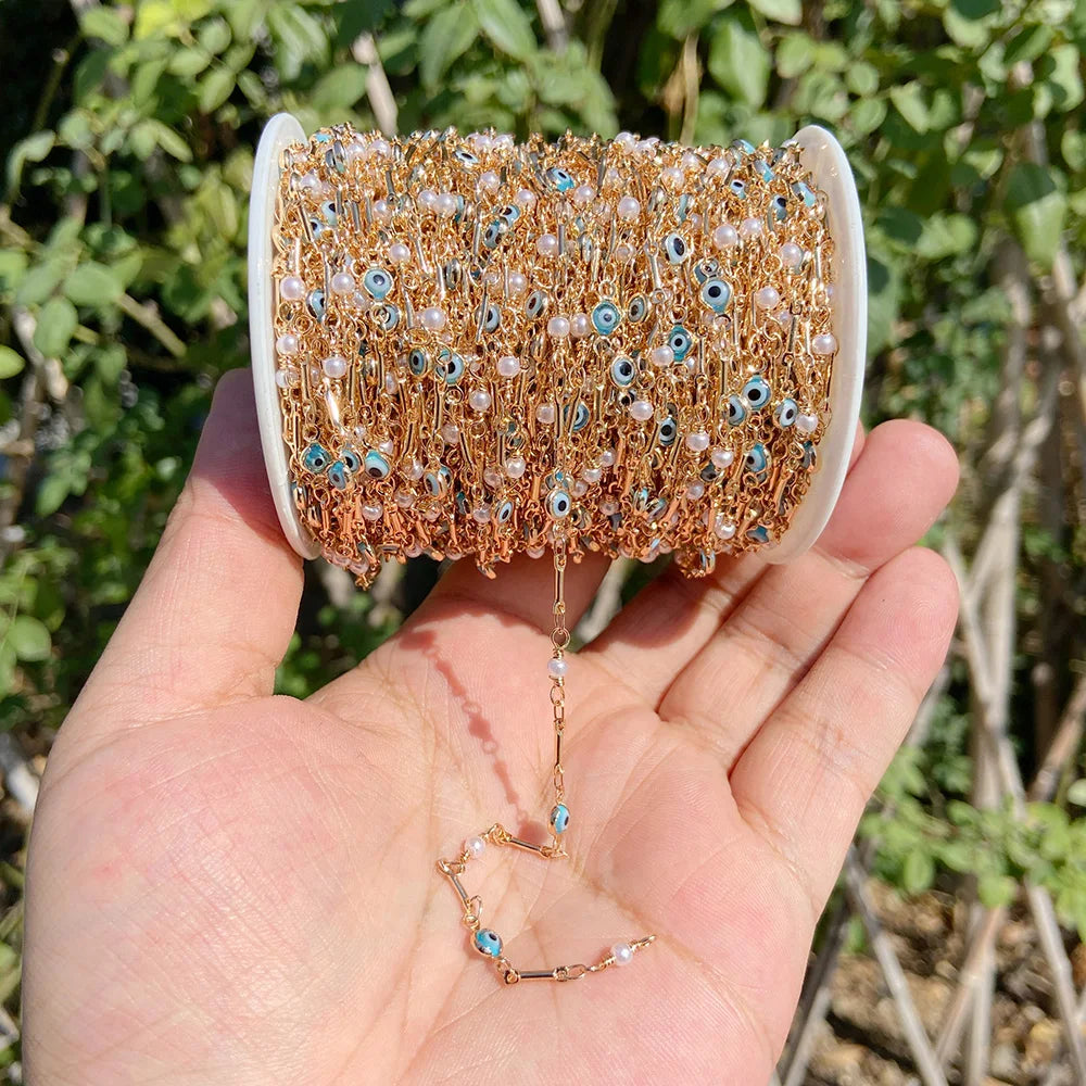 Colorful Evil Eye Beads Chains Stainless Steel Link Pearl Beaded Chains Turkey Eye Link Chain for Necklace Making Jewelry DIY